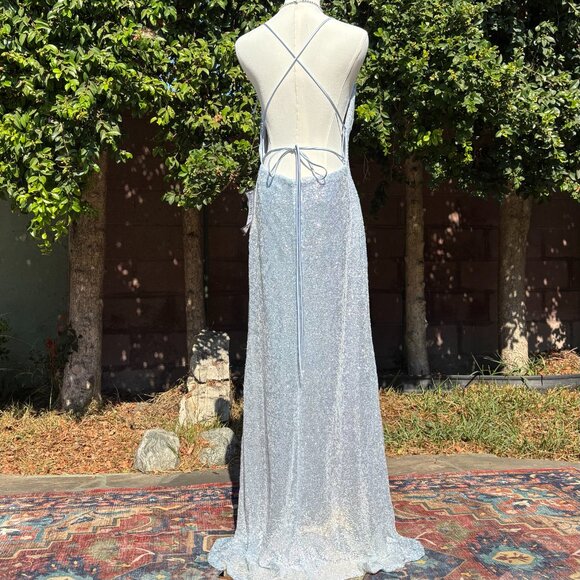 Betsy & Adam Silver Sequin Gown Light Blue Ice Silver Size 8 NWT Prom - Picture 2 of 10